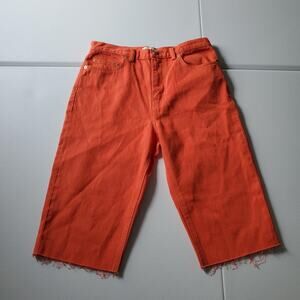 Tory Burch Shorts Womens 28 Orange Wide Leg Cropped Frayed Hem High Rise Denim